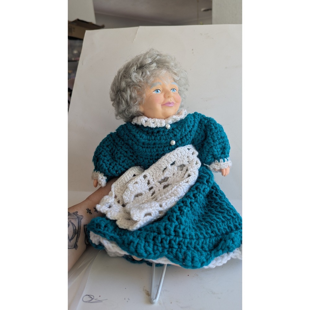 Handmade Crochet Grandmother Doll Teal Blue Dress Grey Hair Folk Art 14.5 inch